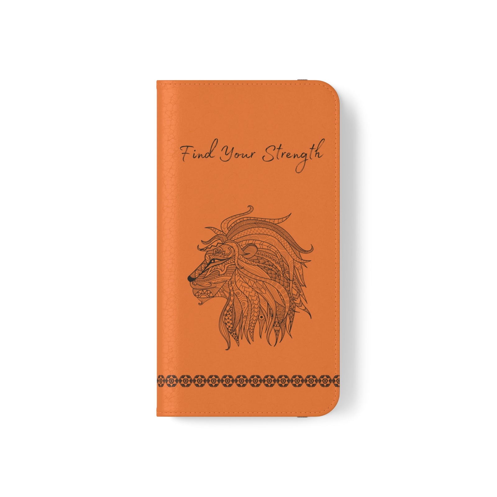 Phone Flip faux leather case with pockets and card storage. Strength lion Mandala design-orange