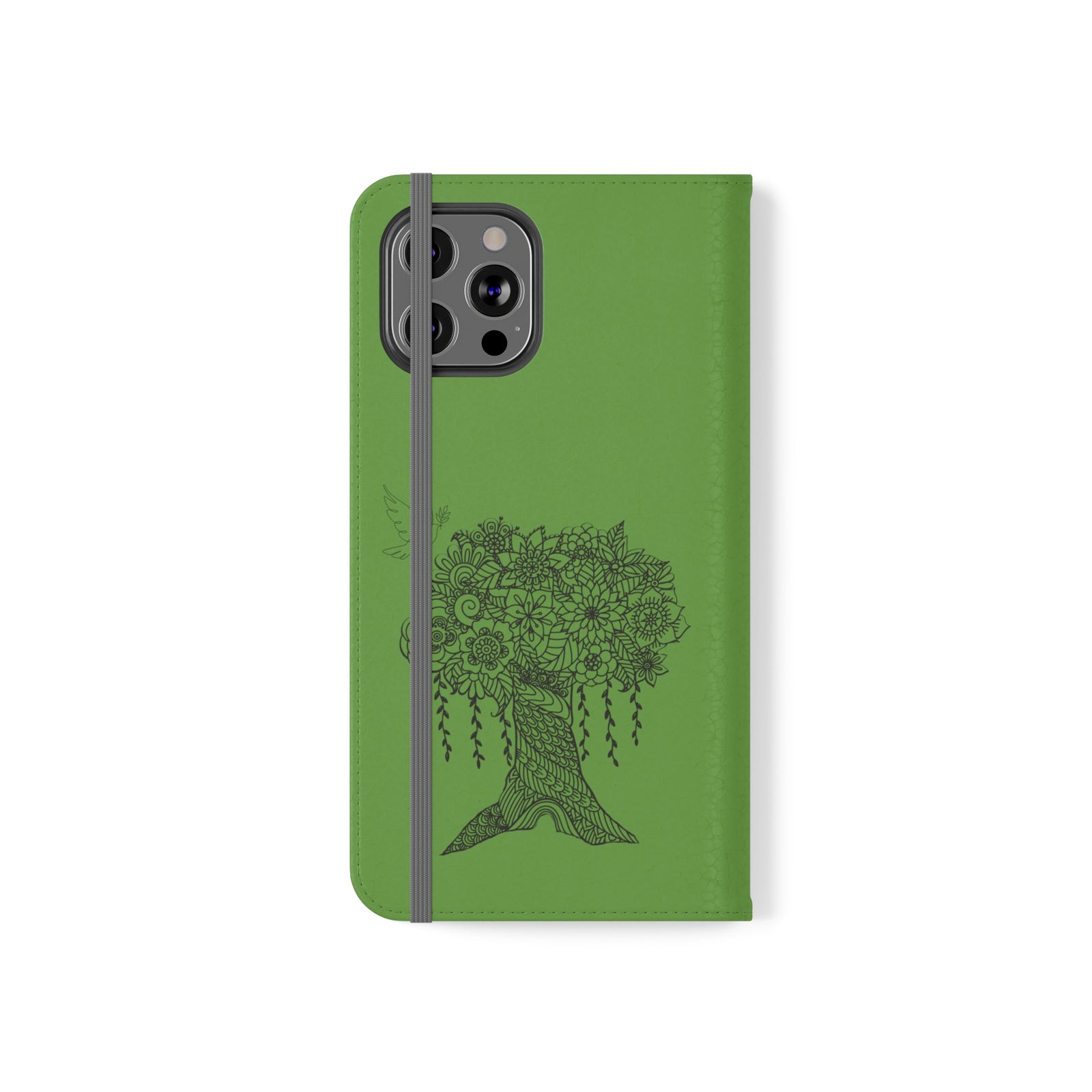 Phone Flip faux leather case with pockets and card storage. Peace Tree Mandala design-Green