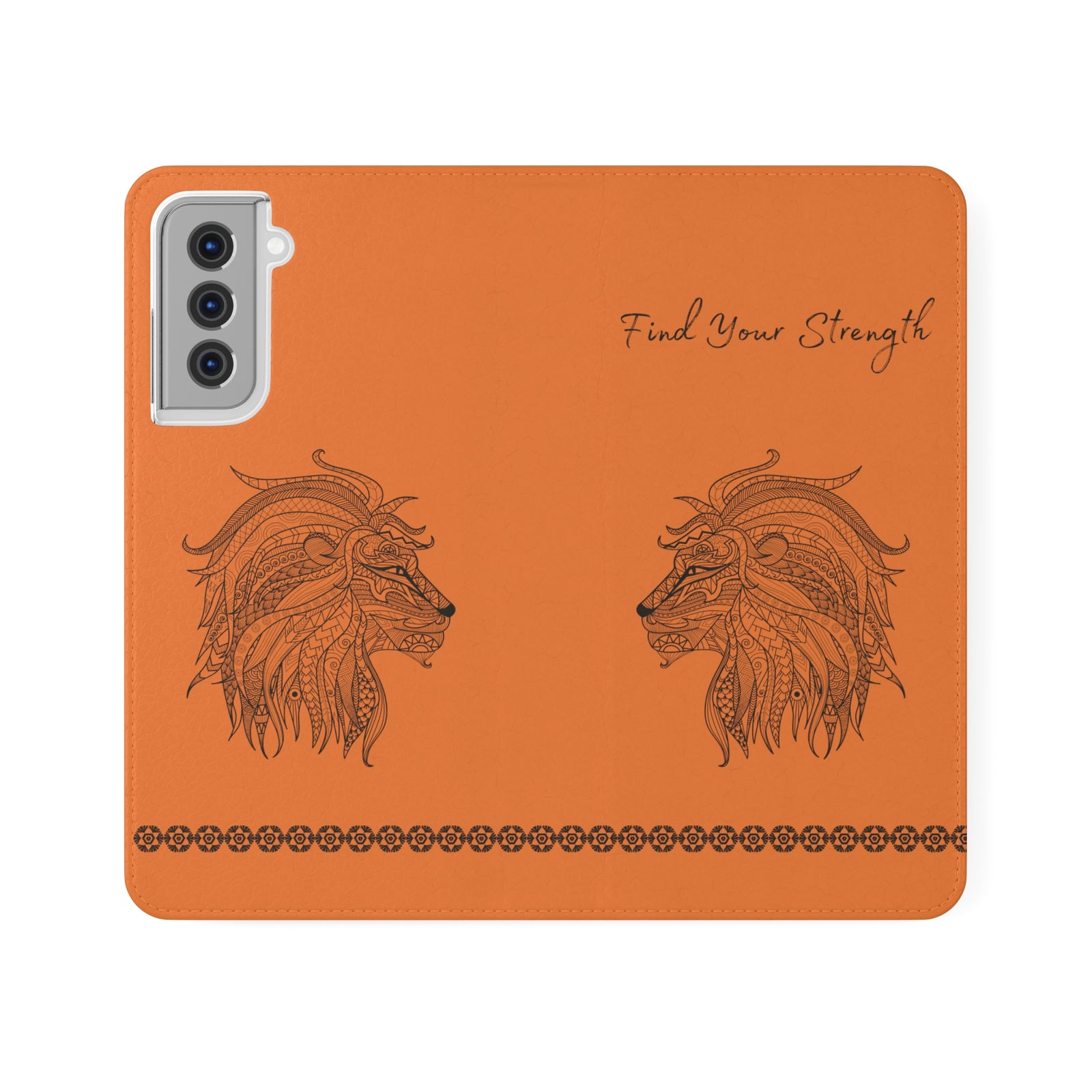 Phone Flip faux leather case with pockets and card storage. Strength lion Mandala design-orange