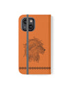 Phone Flip faux leather case with pockets and card storage. Strength lion Mandala design-orange