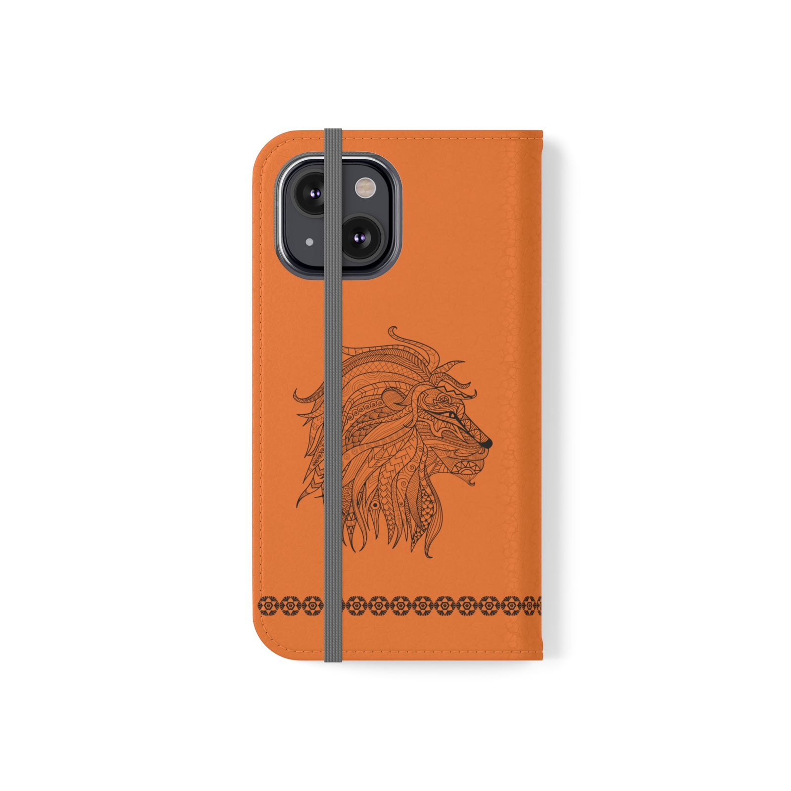 Phone Flip faux leather case with pockets and card storage. Strength lion Mandala design-orange