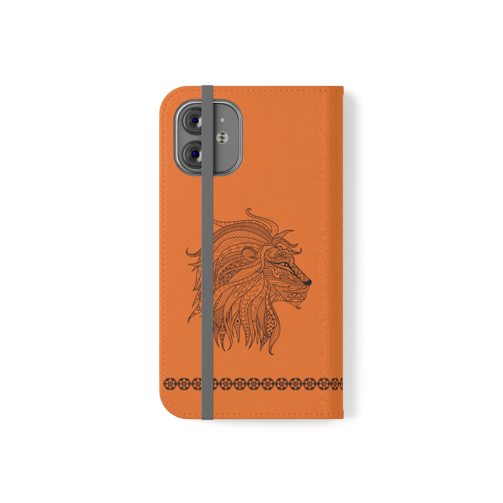 Phone Flip faux leather case with pockets and card storage. Strength lion Mandala design-orange