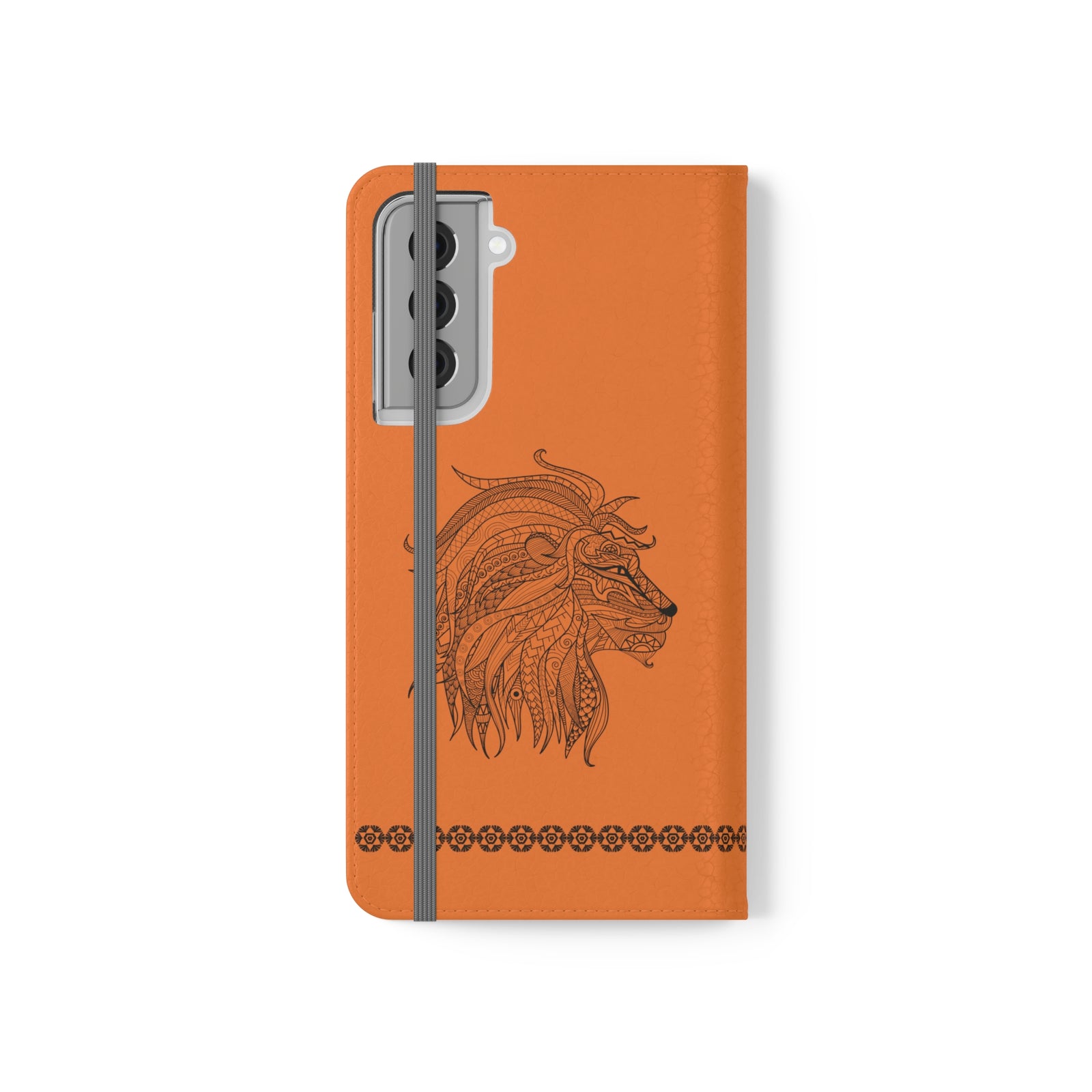 Phone Flip faux leather case with pockets and card storage. Strength lion Mandala design-orange