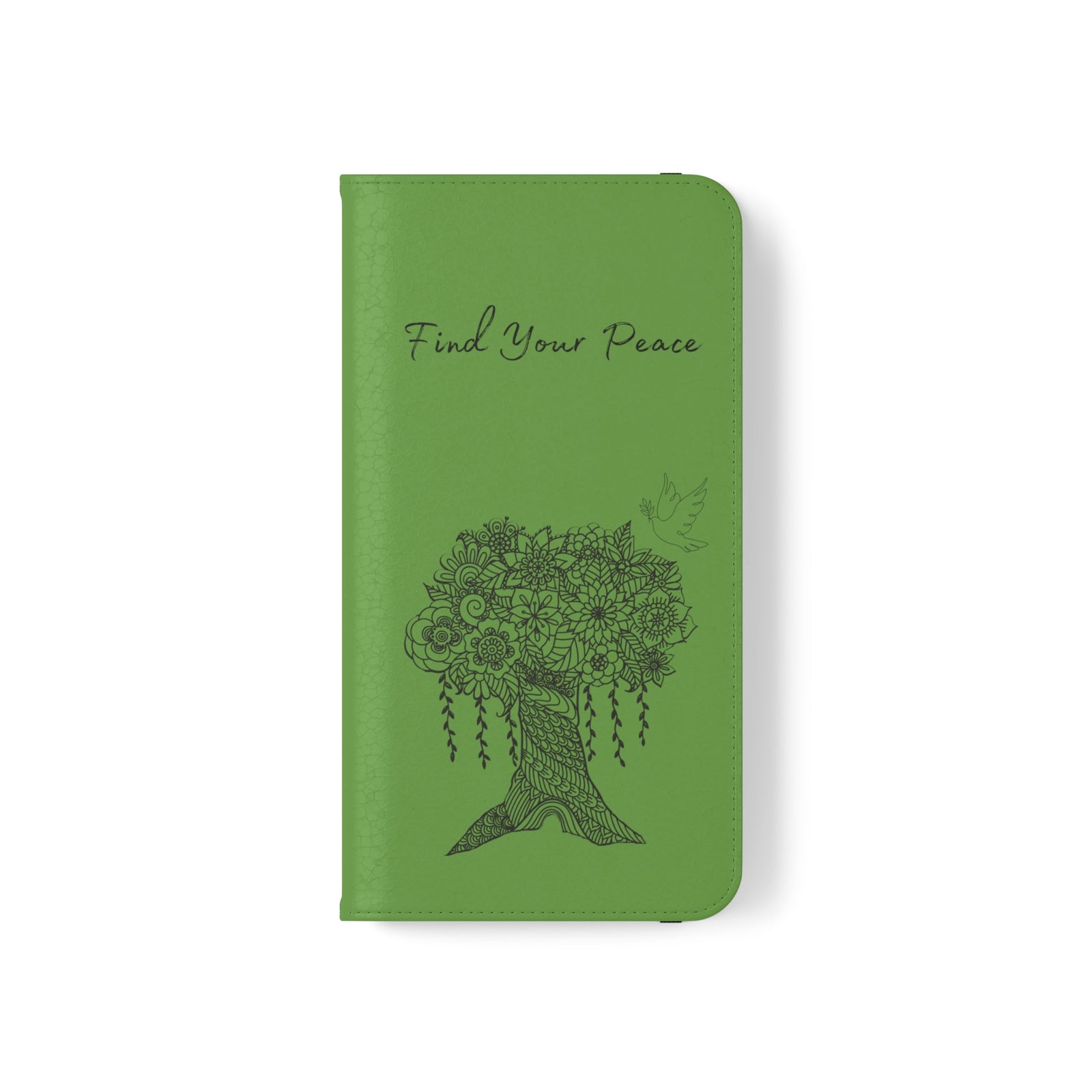 Phone Flip faux leather case with pockets and card storage. Peace Tree Mandala design-Green