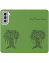 Phone Flip faux leather case with pockets and card storage. Peace Tree Mandala design-Green