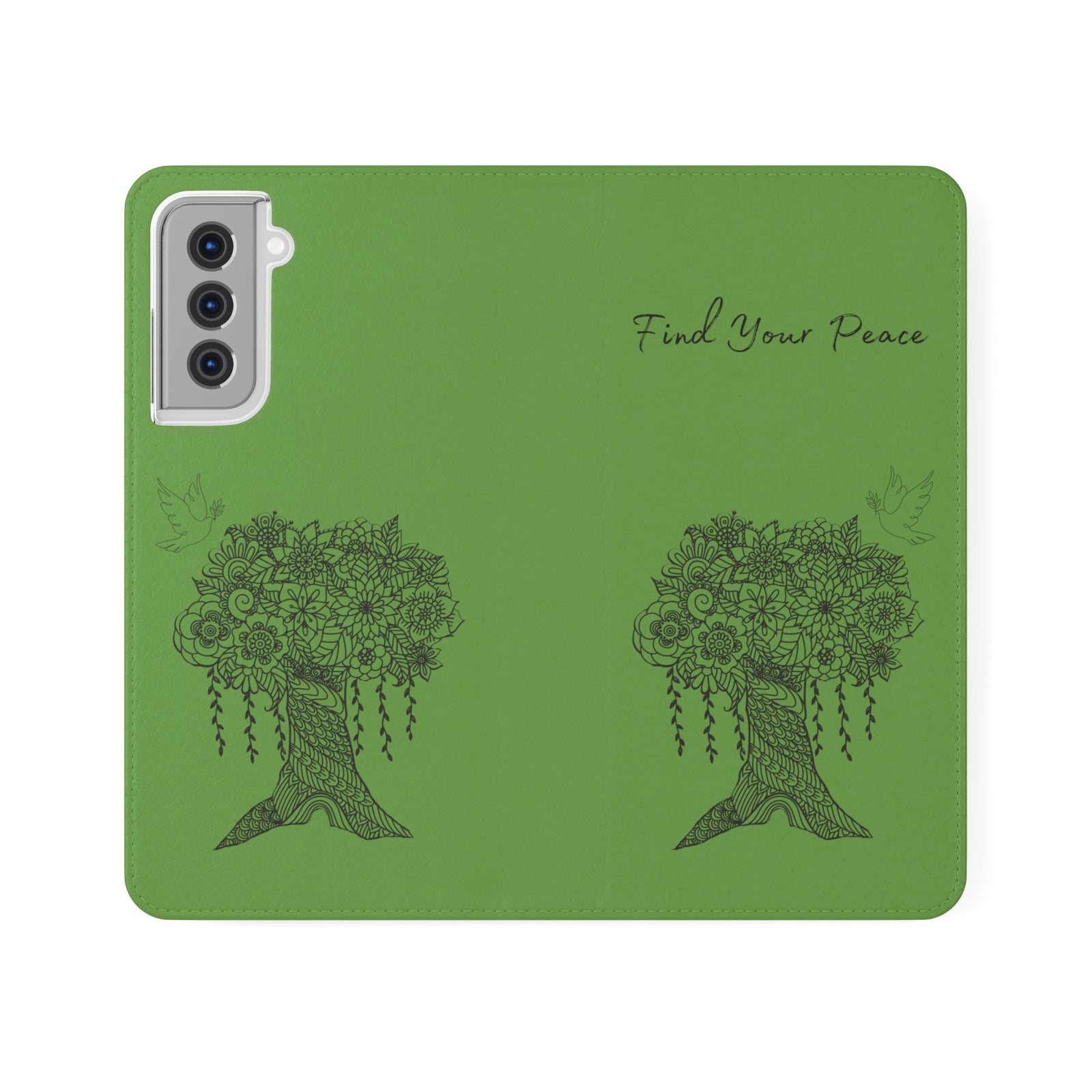 Phone Flip faux leather case with pockets and card storage. Peace Tree Mandala design-Green