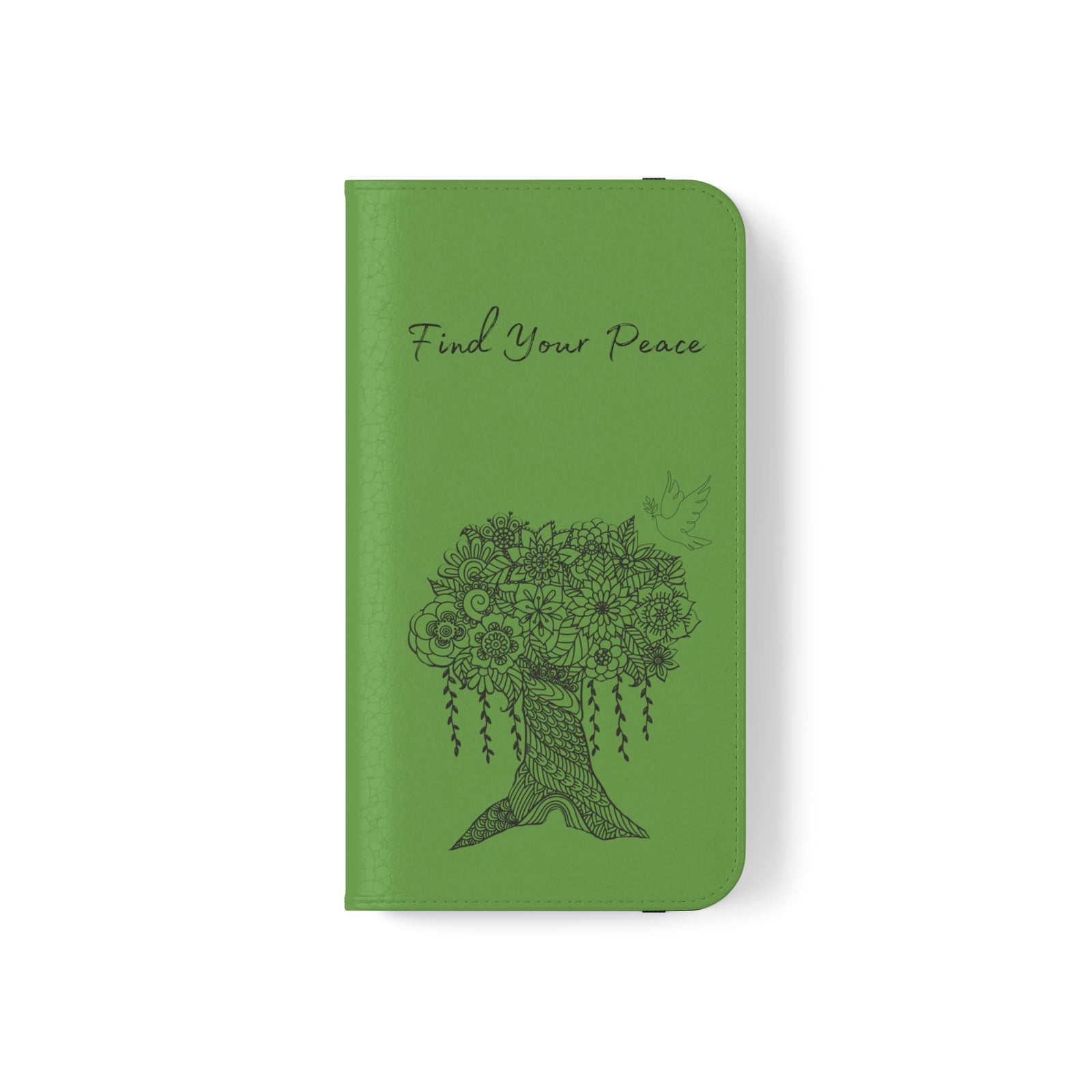 Phone Flip faux leather case with pockets and card storage. Peace Tree Mandala design-Green