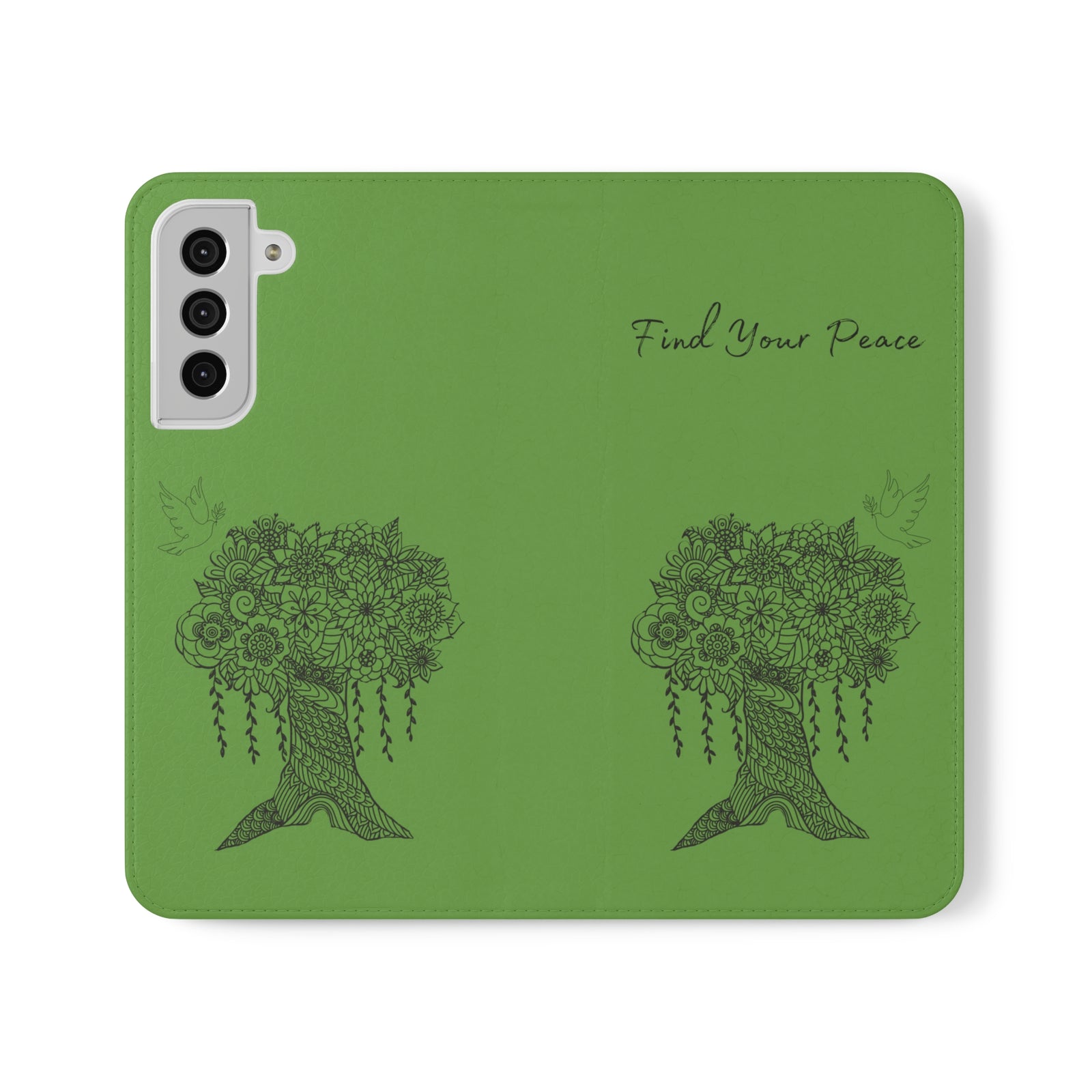 Phone Flip faux leather case with pockets and card storage. Peace Tree Mandala design-Green