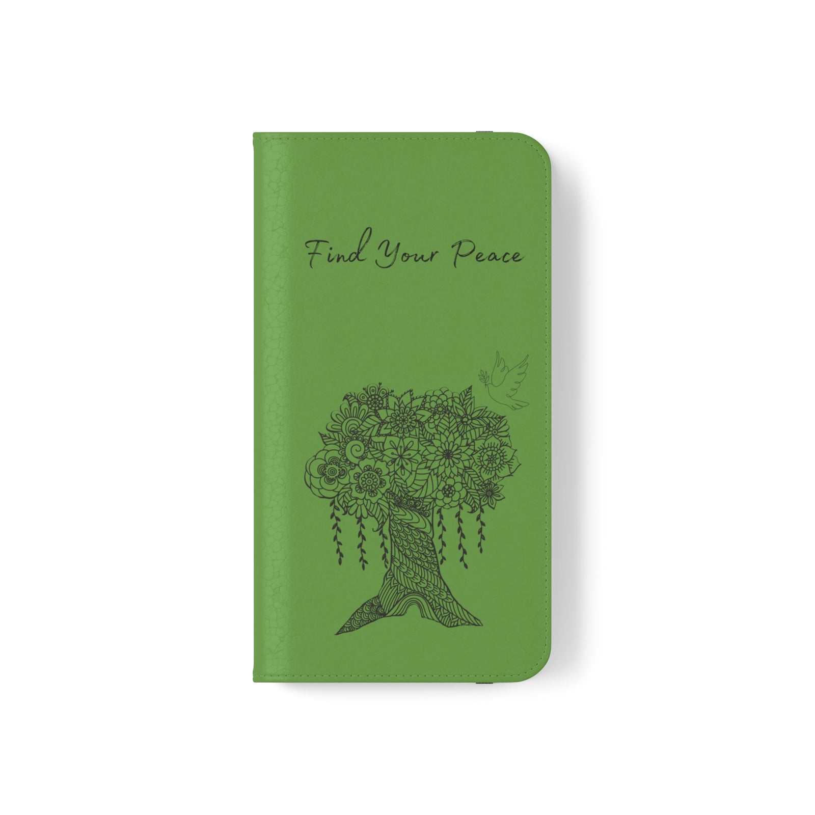 Phone Flip faux leather case with pockets and card storage. Peace Tree Mandala design-Green