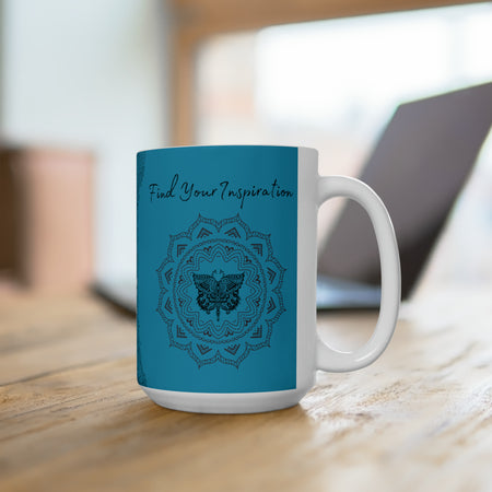 Find your Inspiration butterfly mandala Turquoise Blue background **Ceramic Mug 15oz