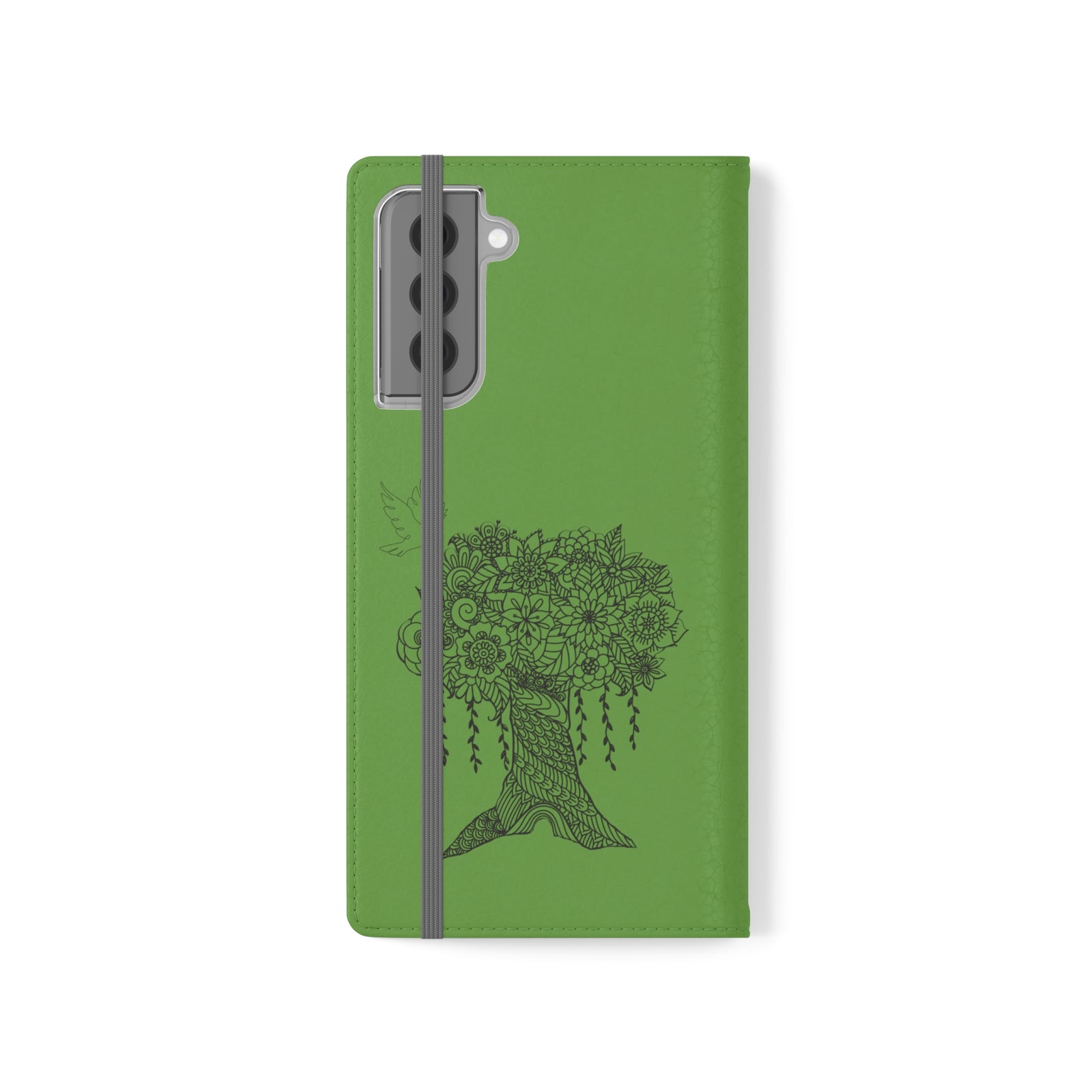 Phone Flip faux leather case with pockets and card storage. Peace Tree Mandala design-Green