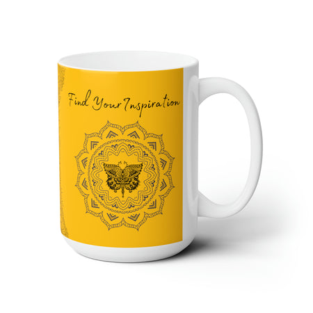 Find your Inspiration butterfly mandala Yellow background **Ceramic Mug 15oz