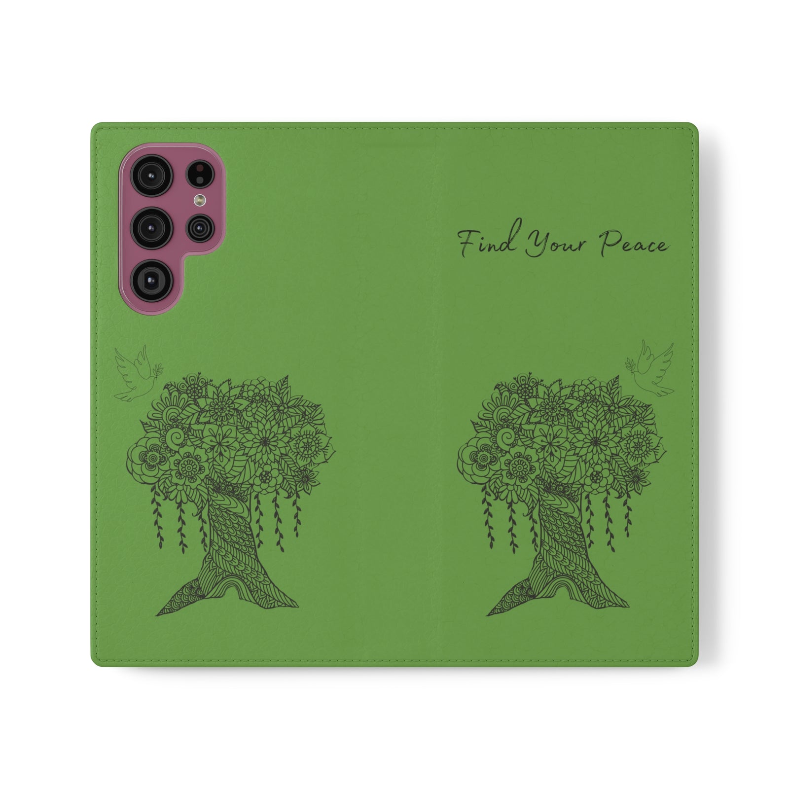 Phone Flip faux leather case with pockets and card storage. Peace Tree Mandala design-Green