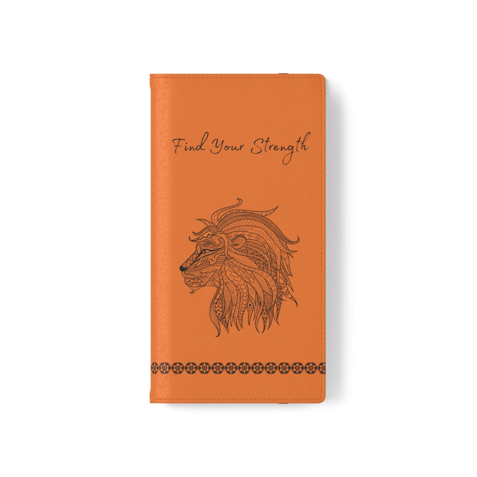 Phone Flip faux leather case with pockets and card storage. Strength lion Mandala design-orange