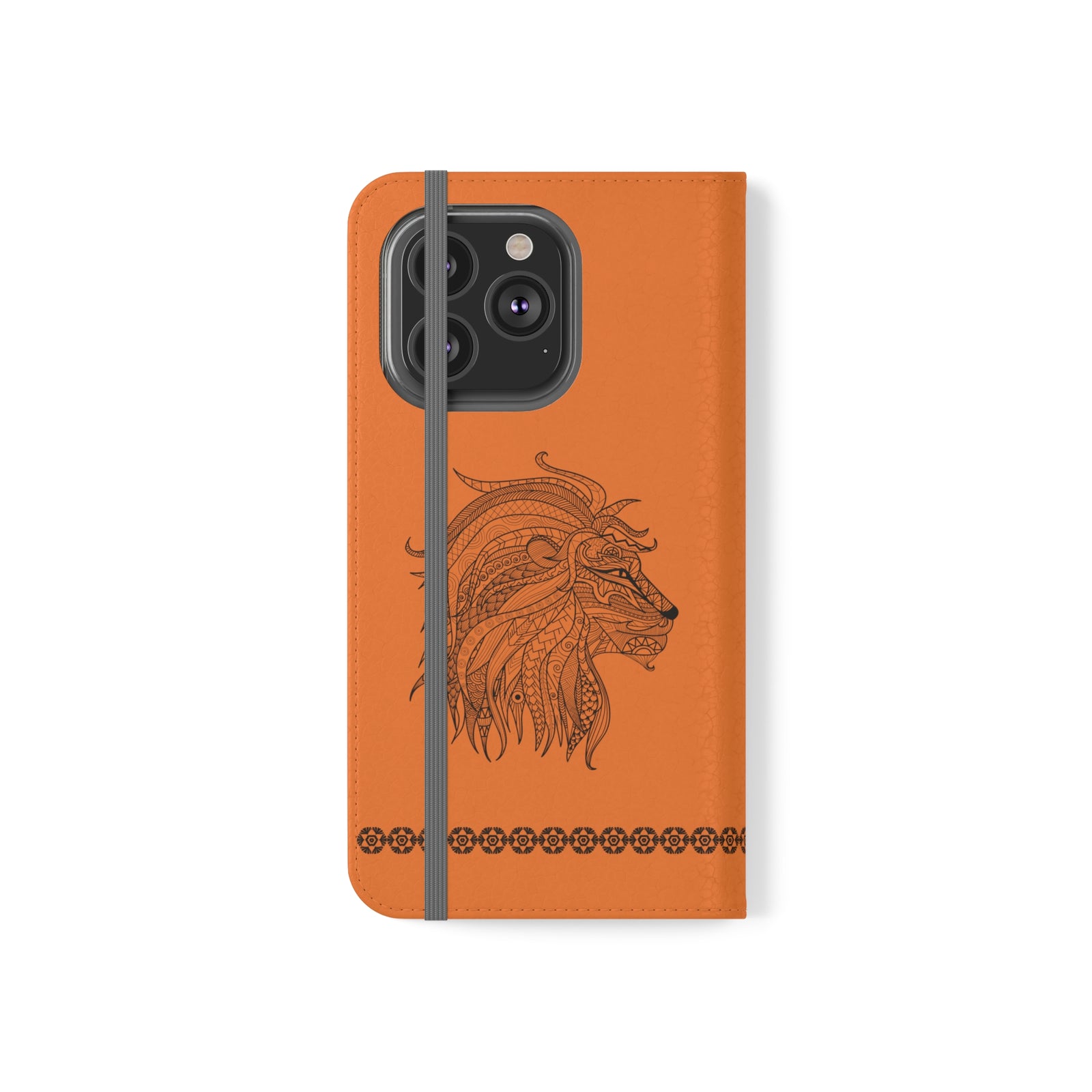 Phone Flip faux leather case with pockets and card storage. Strength lion Mandala design-orange