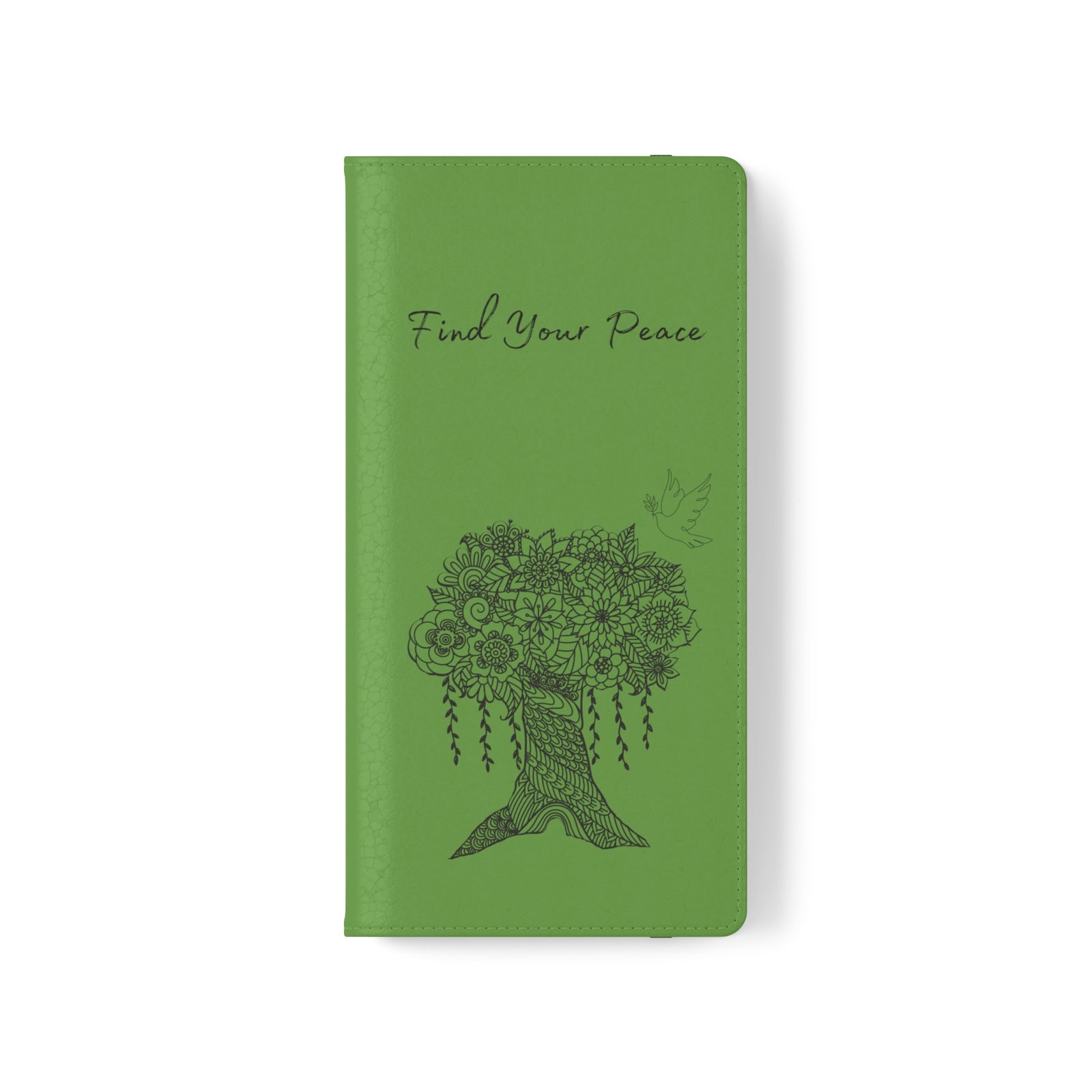 Phone Flip faux leather case with pockets and card storage. Peace Tree Mandala design-Green