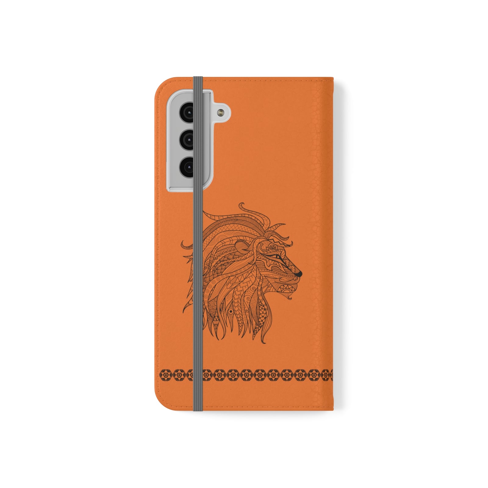 Phone Flip faux leather case with pockets and card storage. Strength lion Mandala design-orange