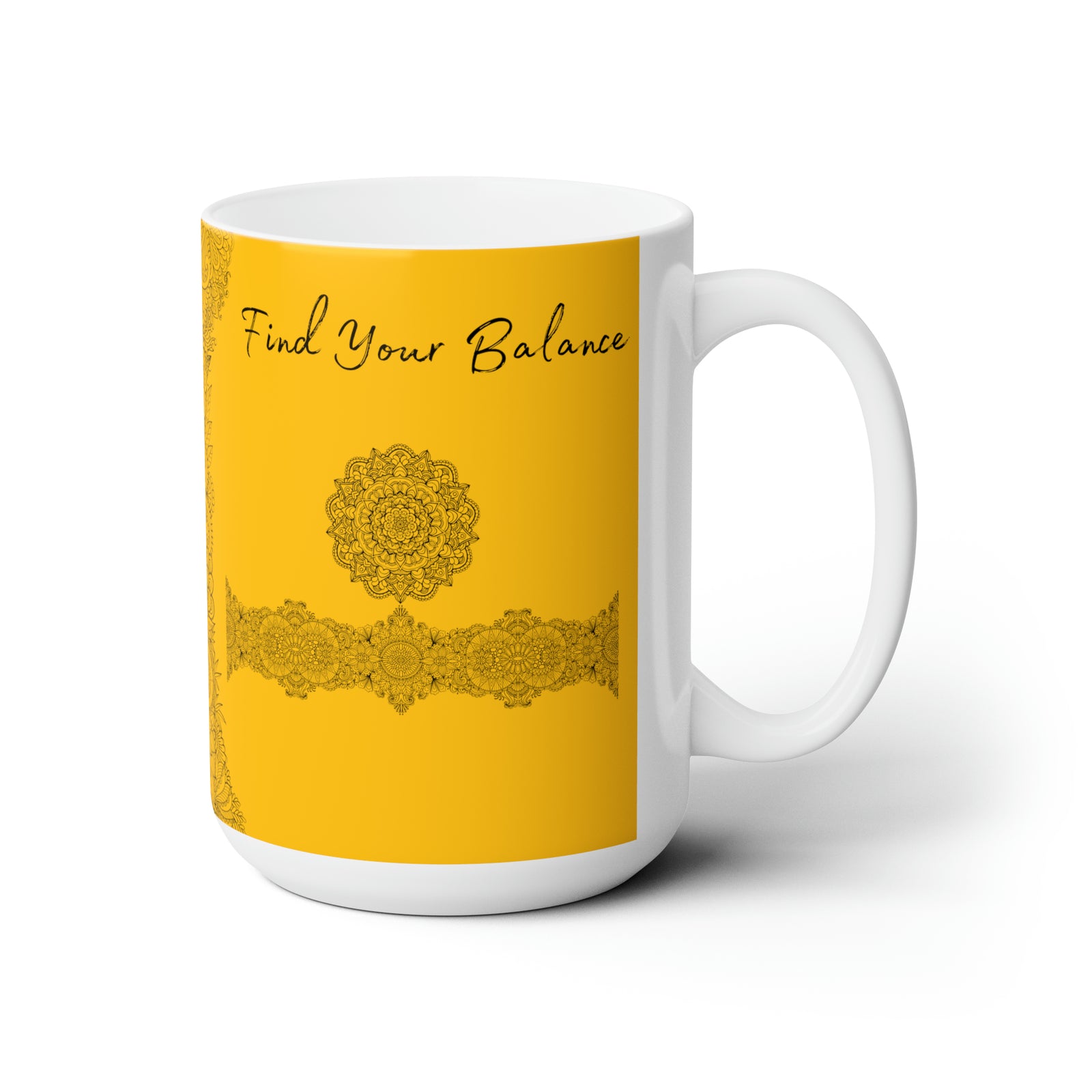 Find your Balance mandala yellow background **Ceramic Mug 15oz