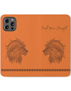 Phone Flip faux leather case with pockets and card storage. Strength lion Mandala design-orange