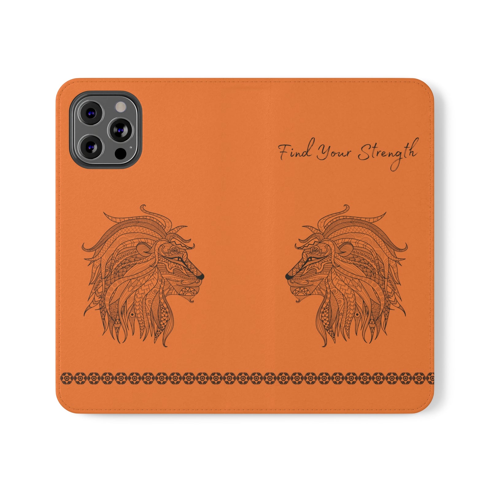 Phone Flip faux leather case with pockets and card storage. Strength lion Mandala design-orange