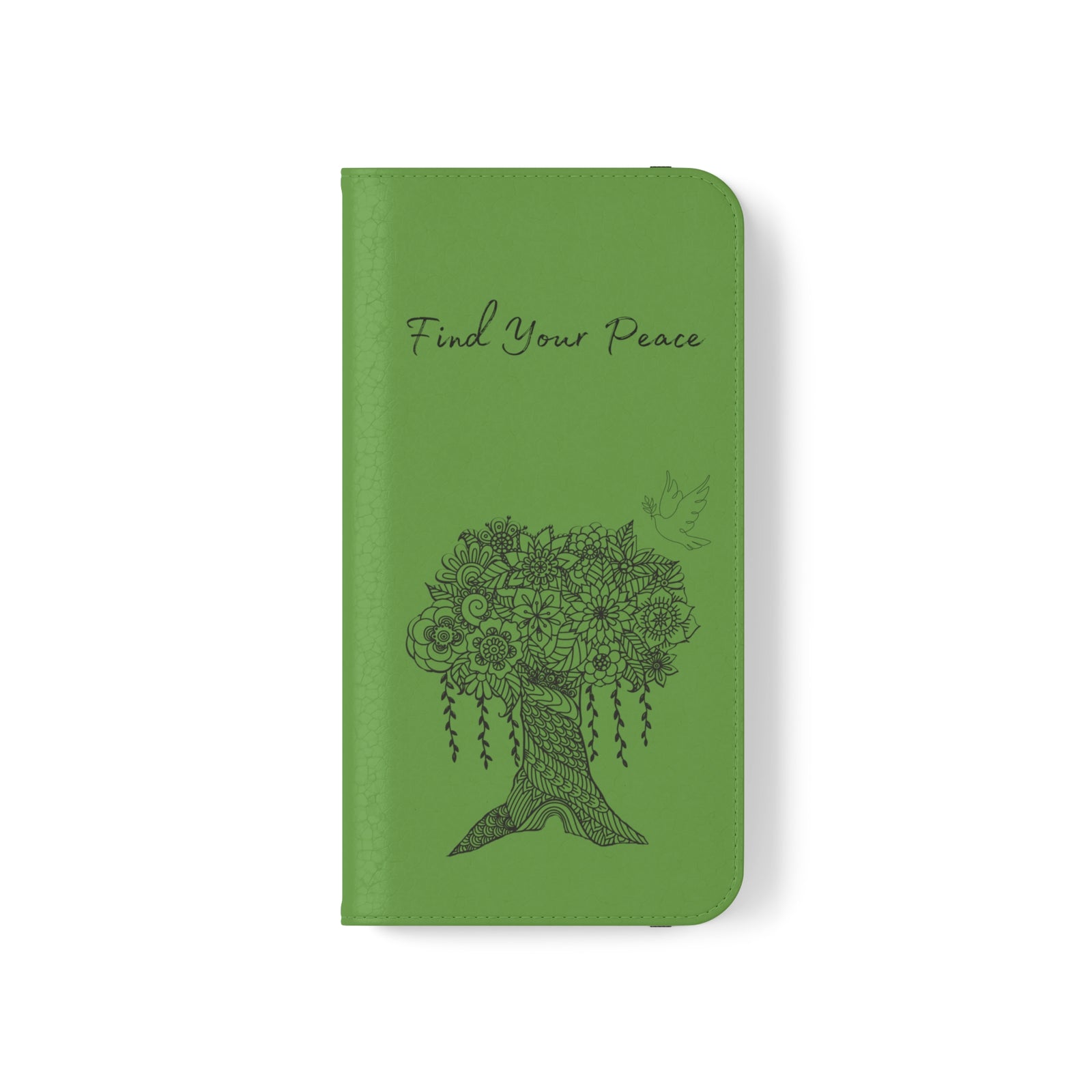 Phone Flip faux leather case with pockets and card storage. Peace Tree Mandala design-Green