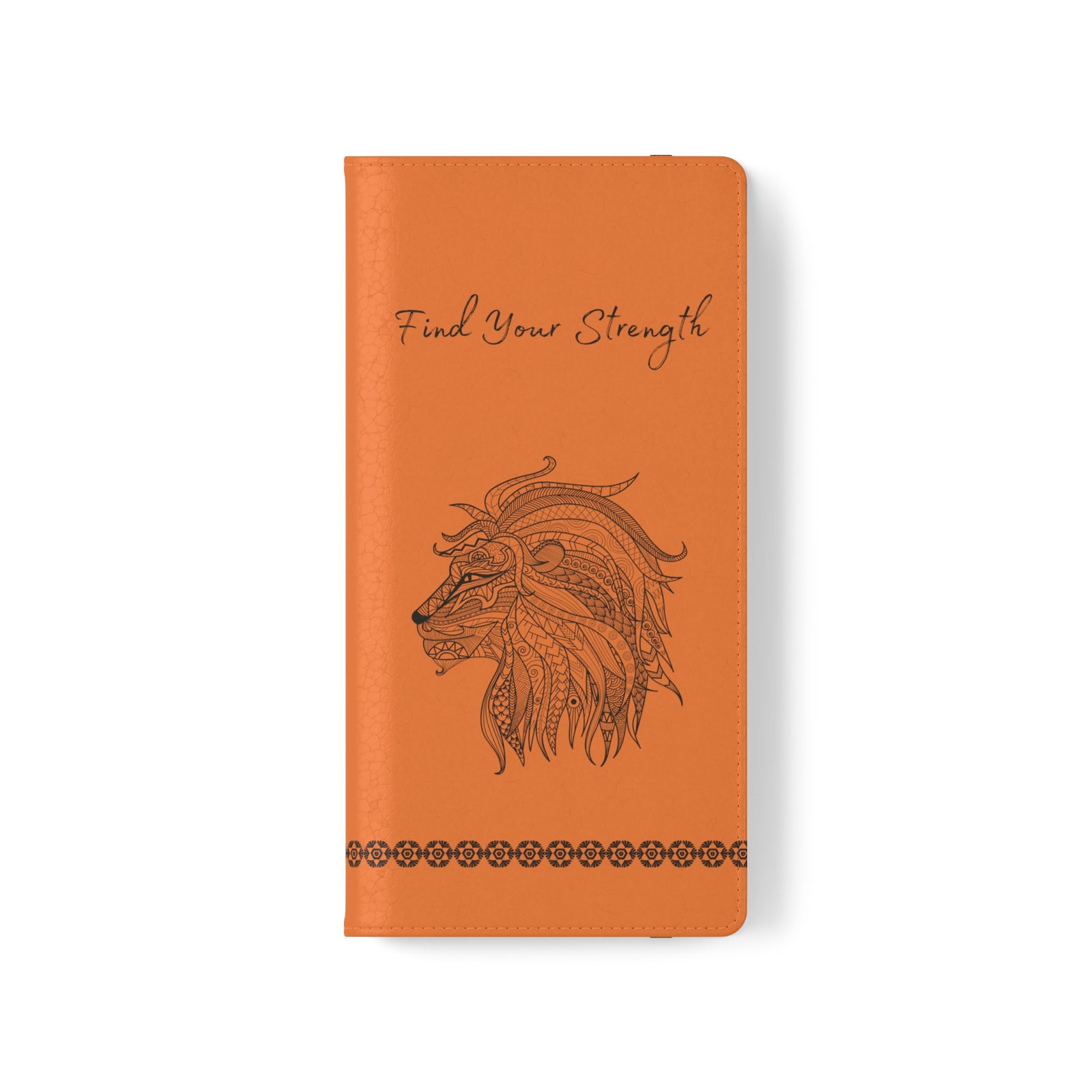 Phone Flip faux leather case with pockets and card storage. Strength lion Mandala design-orange