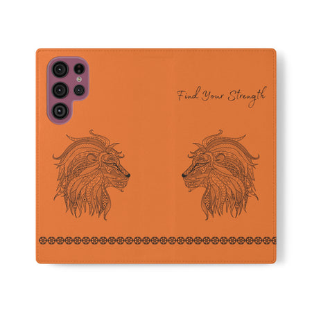 Phone Flip faux leather case with pockets and card storage. Strength lion Mandala design-orange