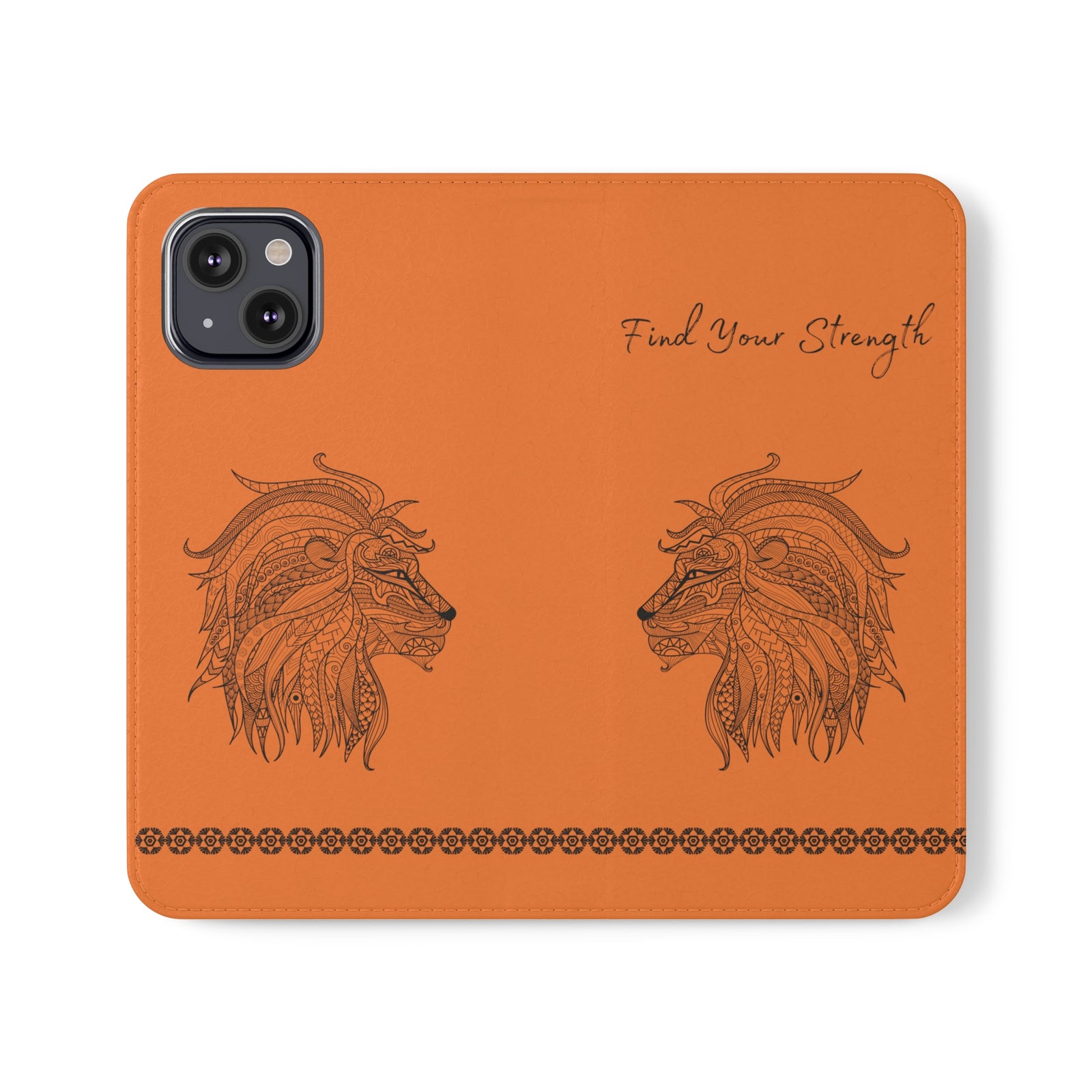 Phone Flip faux leather case with pockets and card storage. Strength lion Mandala design-orange