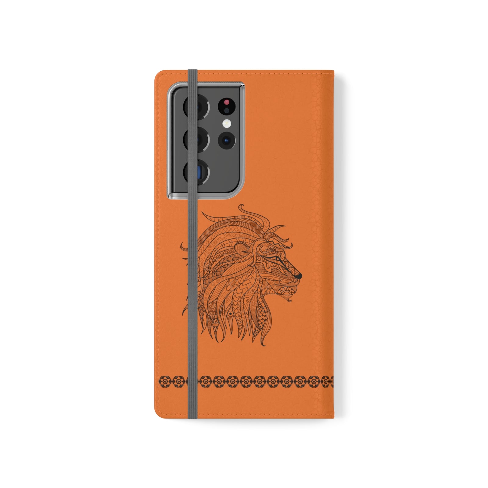 Phone Flip faux leather case with pockets and card storage. Strength lion Mandala design-orange