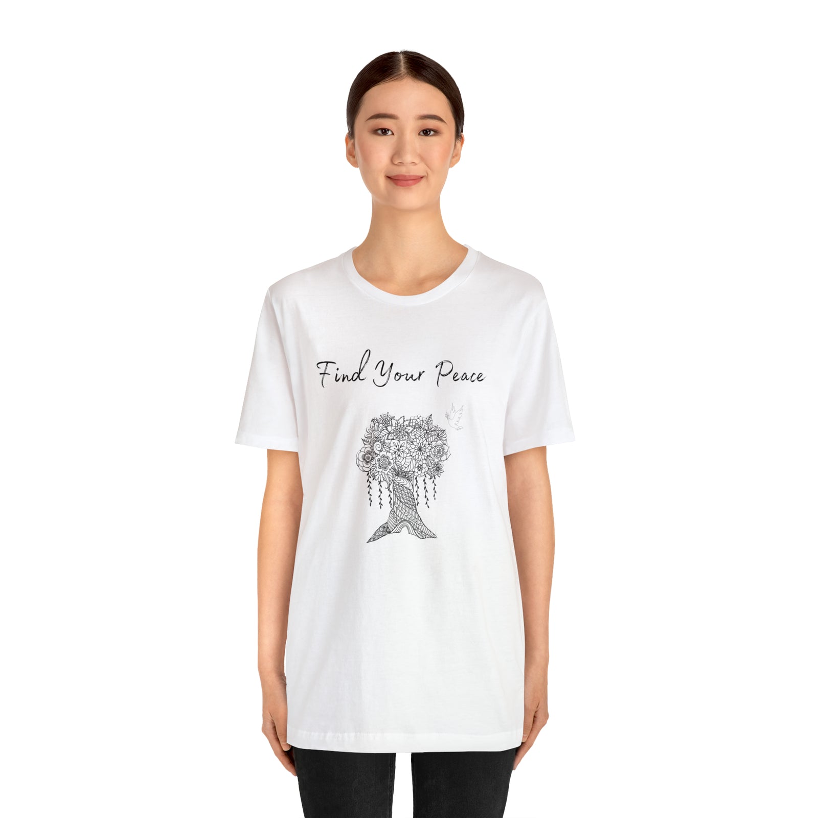 Find Your Peace mandala tree- with dove  Unisex Jersey Short Sleeve Tee- 15 colors