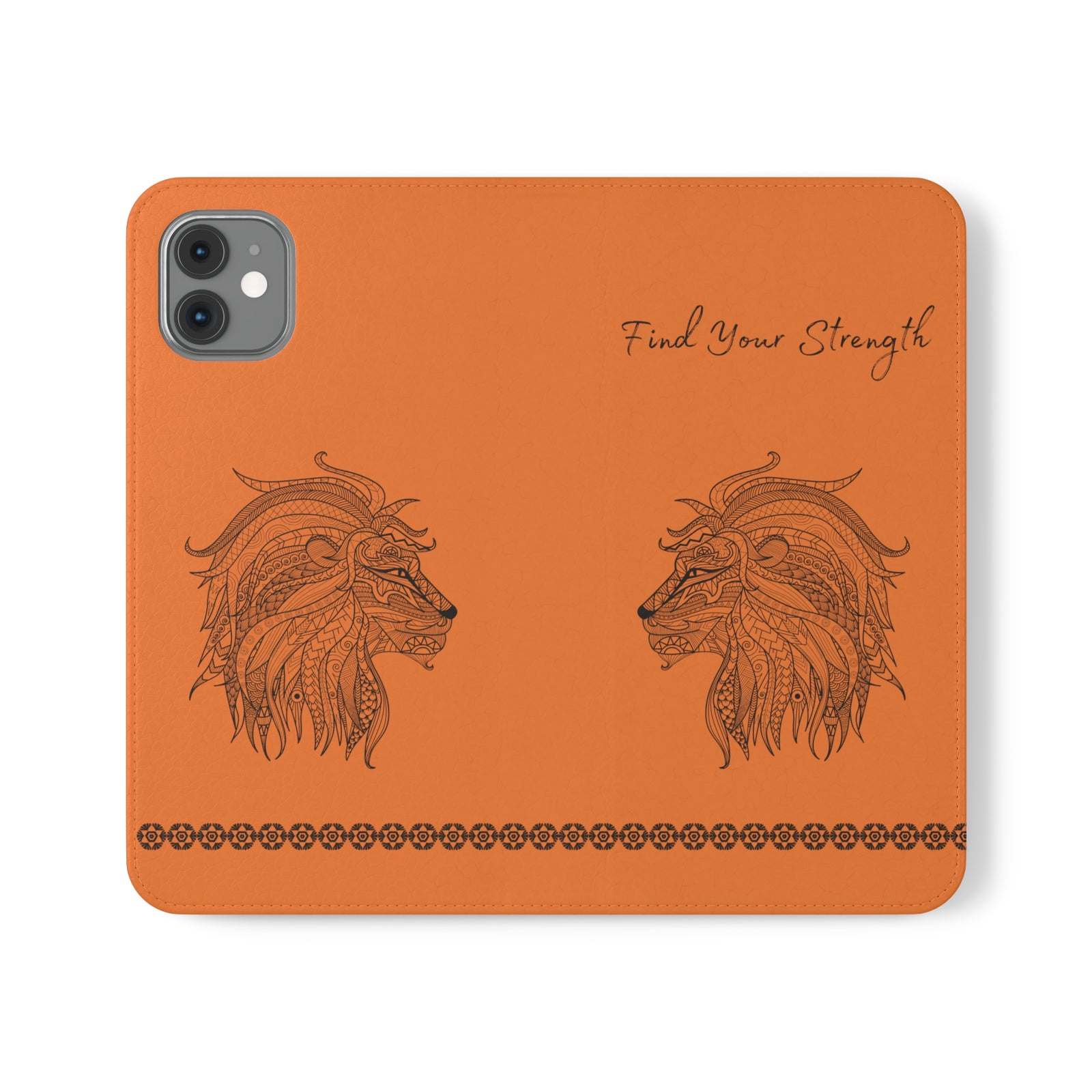 Phone Flip faux leather case with pockets and card storage. Strength lion Mandala design-orange