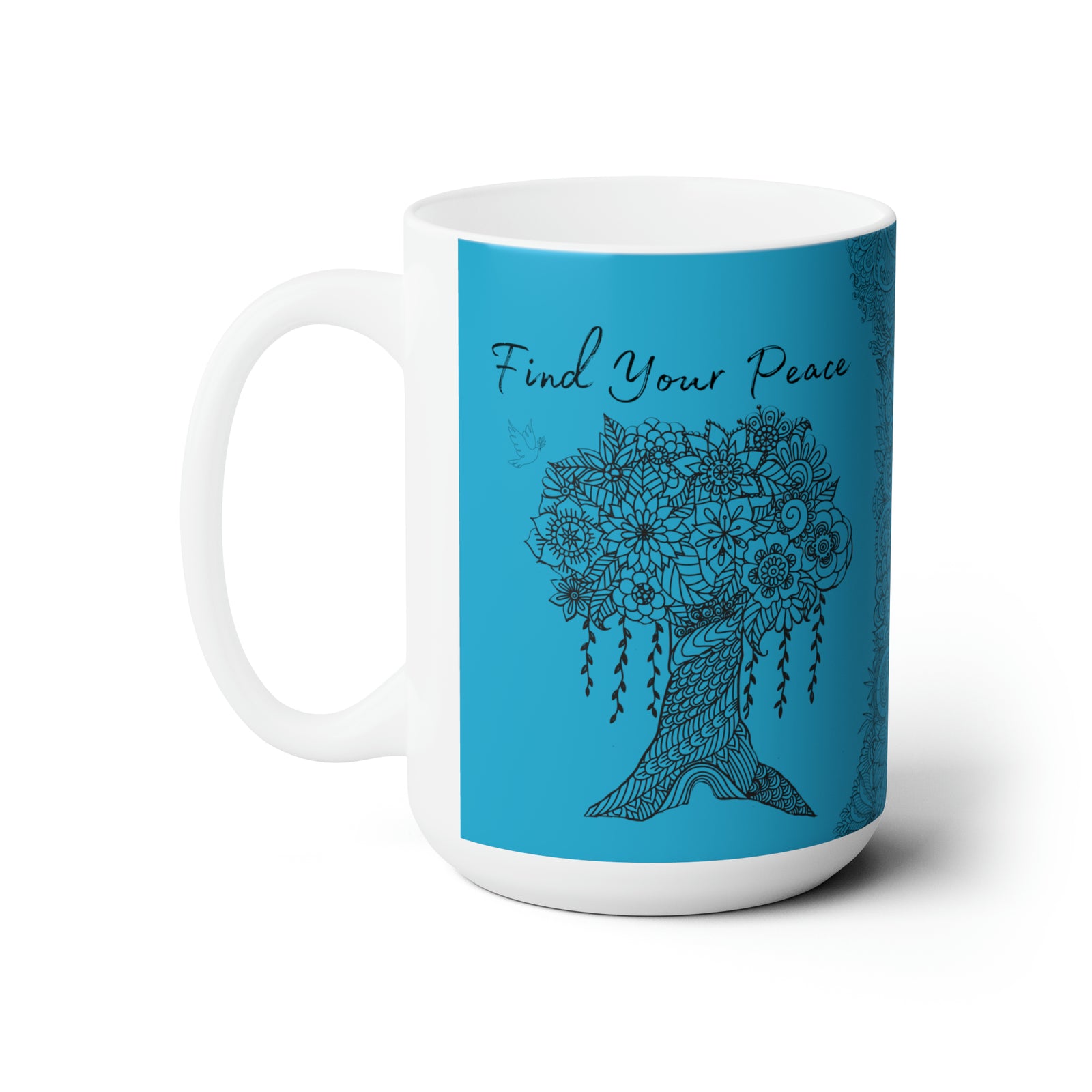 Find your Peace mandala tree Turquoise blue background **Ceramic Mug 15oz