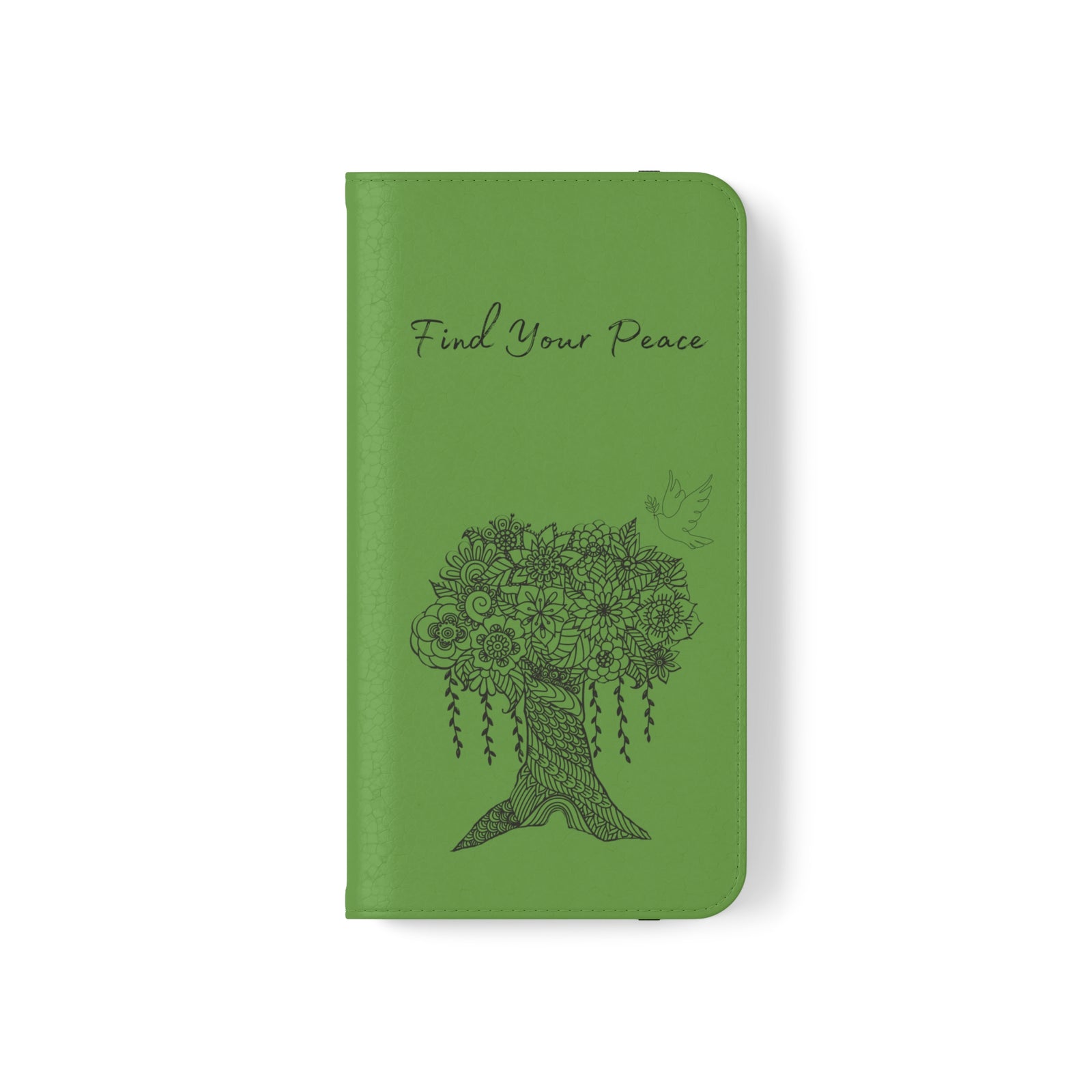 Phone Flip faux leather case with pockets and card storage. Peace Tree Mandala design-Green