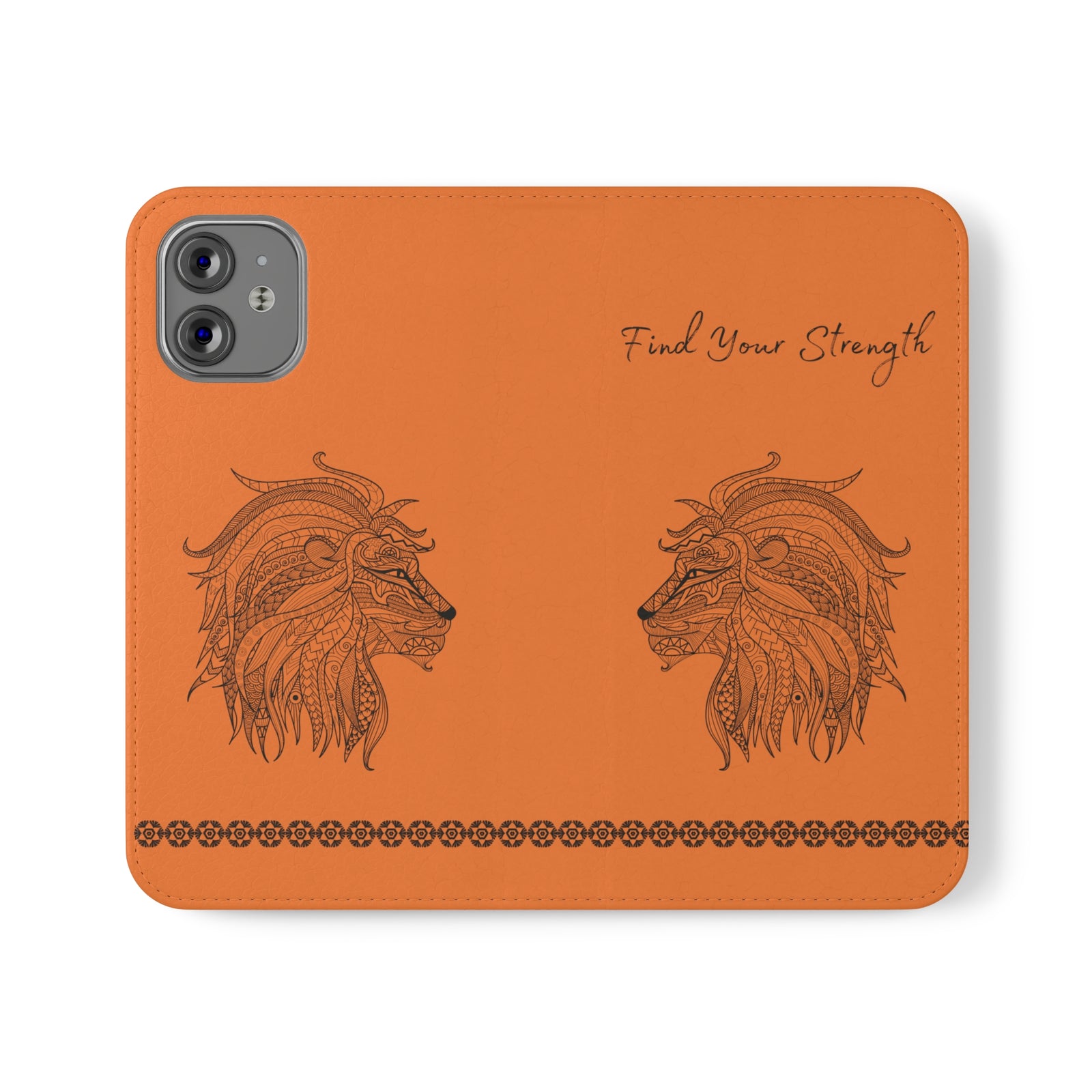 Phone Flip faux leather case with pockets and card storage. Strength lion Mandala design-orange