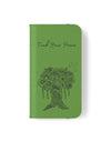 Phone Flip faux leather case with pockets and card storage. Peace Tree Mandala design-Green