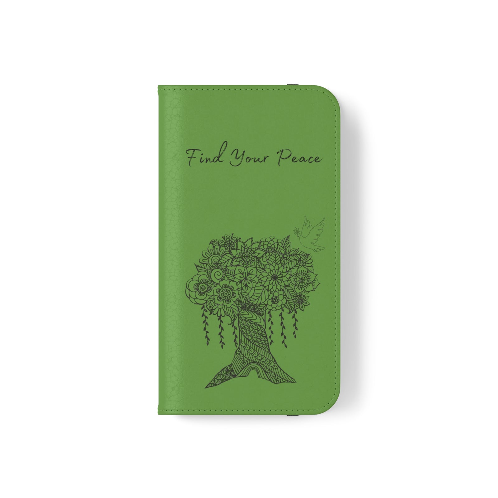 Phone Flip faux leather case with pockets and card storage. Peace Tree Mandala design-Green