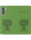 Phone Flip faux leather case with pockets and card storage. Peace Tree Mandala design-Green