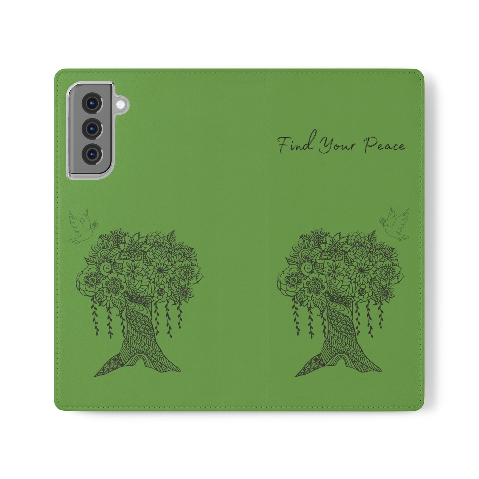 Phone Flip faux leather case with pockets and card storage. Peace Tree Mandala design-Green