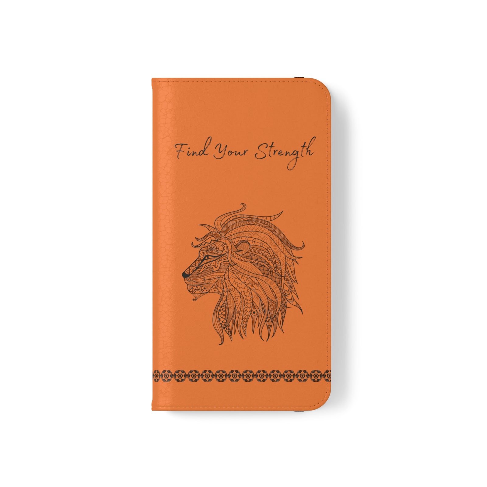 Phone Flip faux leather case with pockets and card storage. Strength lion Mandala design-orange