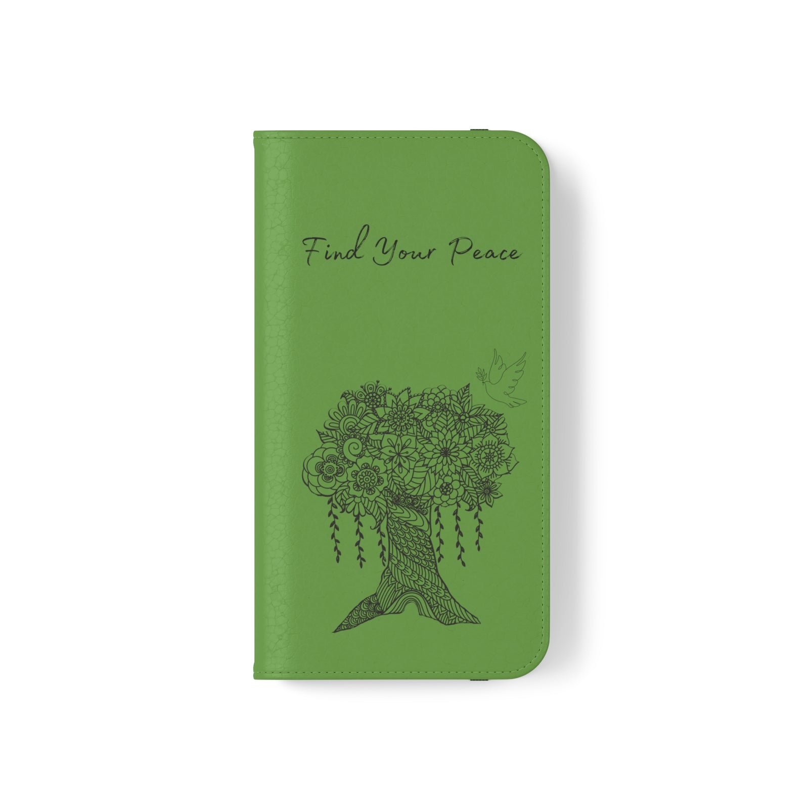 Phone Flip faux leather case with pockets and card storage. Peace Tree Mandala design-Green