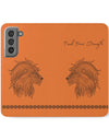 Phone Flip faux leather case with pockets and card storage. Strength lion Mandala design-orange