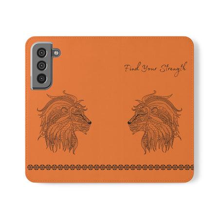 Phone Flip faux leather case with pockets and card storage. Strength lion Mandala design-orange