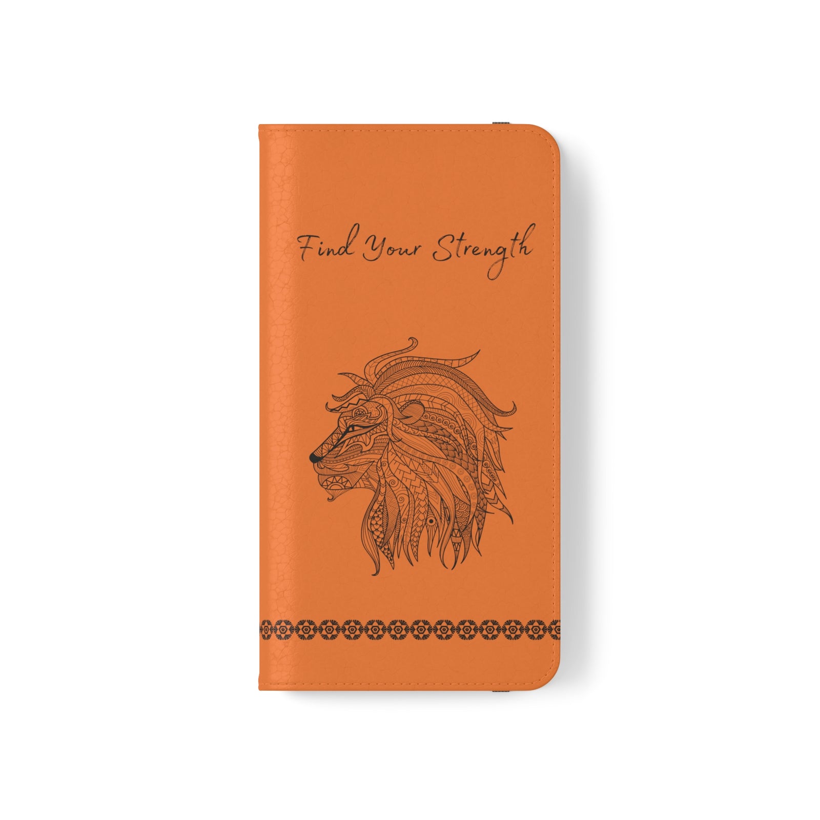 Phone Flip faux leather case with pockets and card storage. Strength lion Mandala design-orange