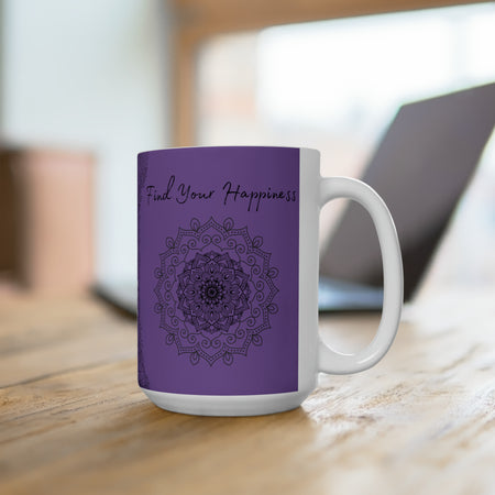 Find your Happiness mandala Purple violet background **Ceramic Mug 15oz