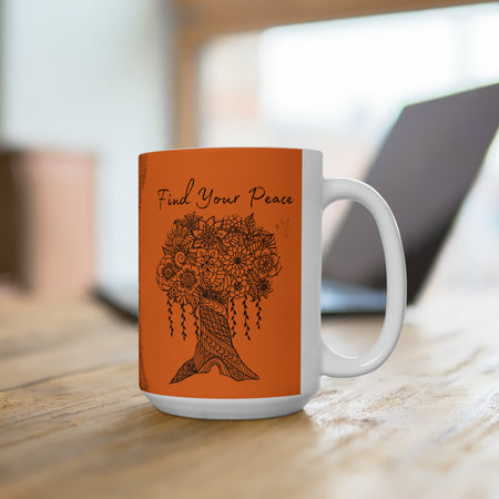 Find your Peace mandala tree orange background **Ceramic Mug 15oz