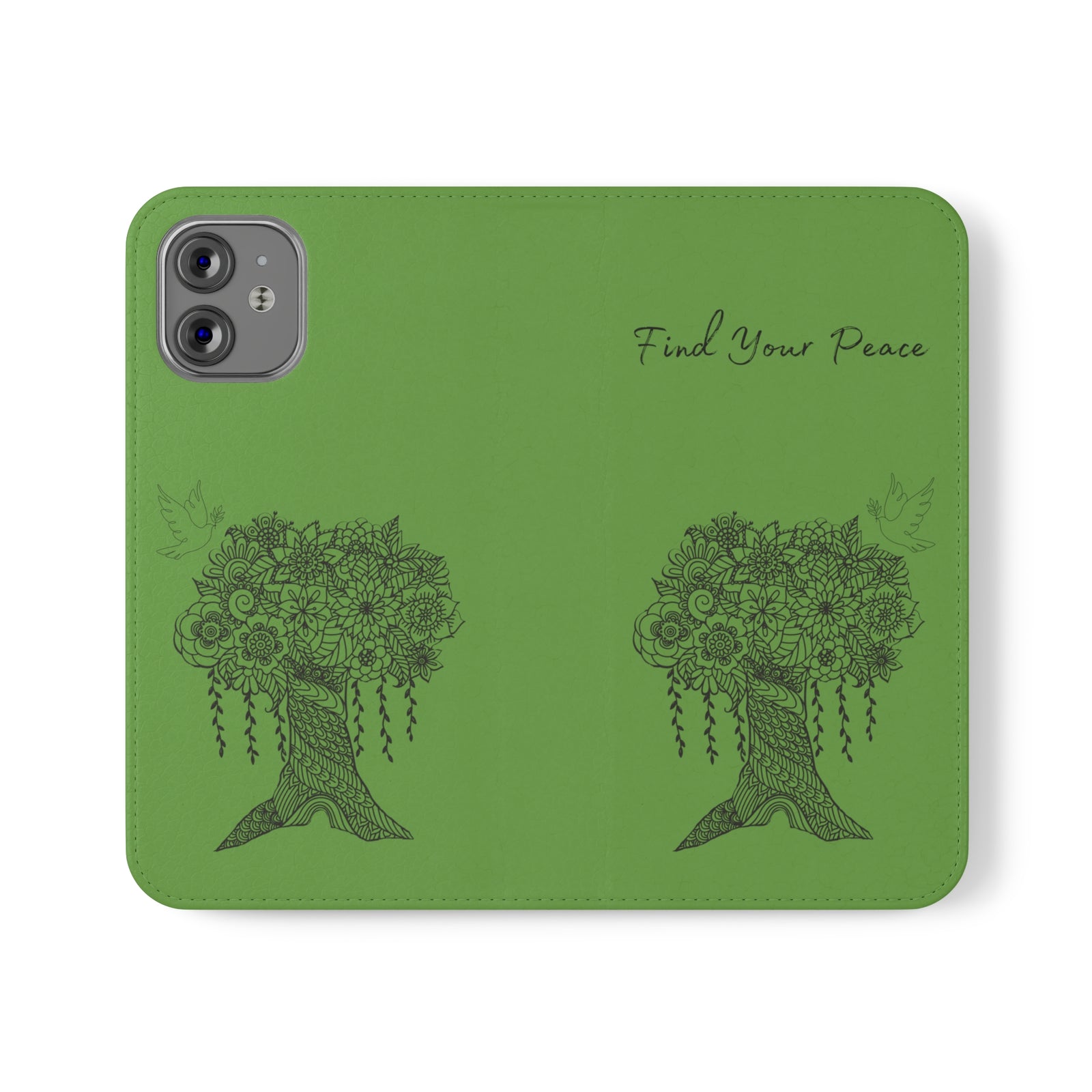 Phone Flip faux leather case with pockets and card storage. Peace Tree Mandala design-Green