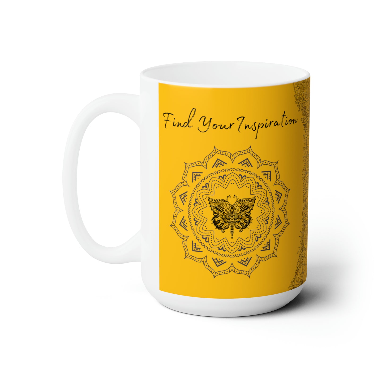 Find your Inspiration butterfly mandala Yellow background **Ceramic Mug 15oz