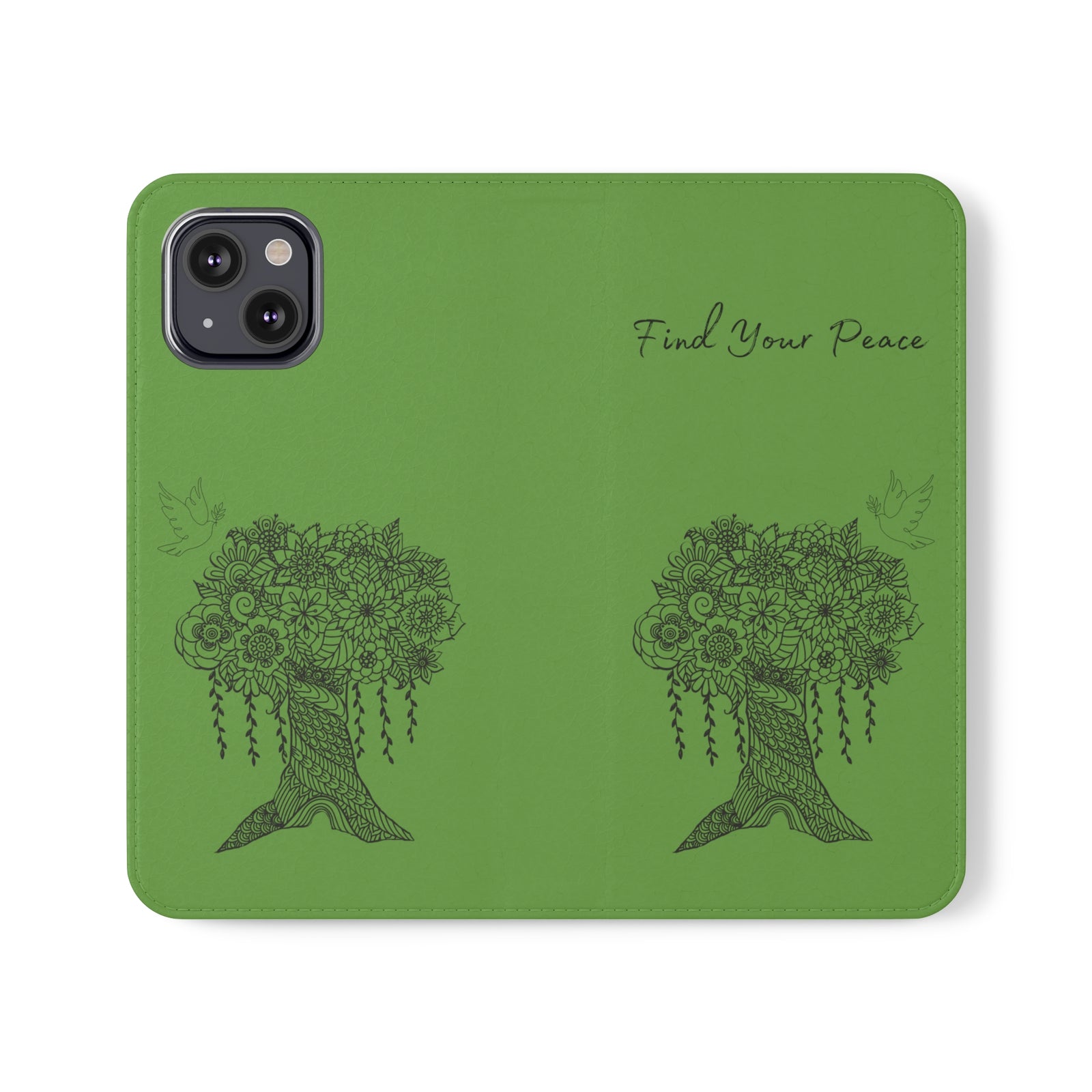 Phone Flip faux leather case with pockets and card storage. Peace Tree Mandala design-Green