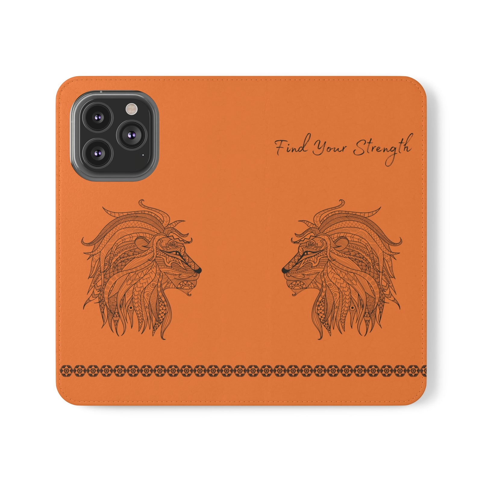 Phone Flip faux leather case with pockets and card storage. Strength lion Mandala design-orange