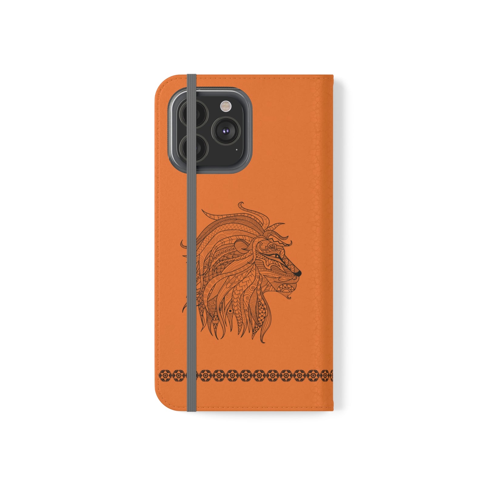 Phone Flip faux leather case with pockets and card storage. Strength lion Mandala design-orange